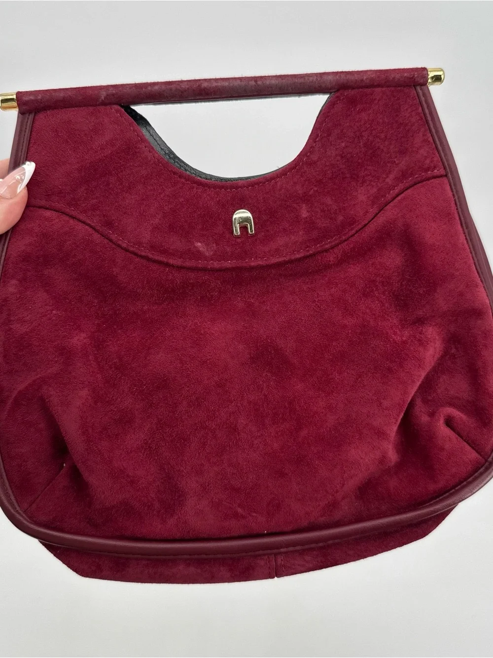 Vintage Burgundy Suede Top Handle Handbag Gold Hardware Structured Purse